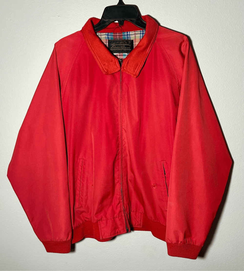 Vintage 1980s Eddie Bauer Full Zip Red Harrington Jacket Plaid Lined Sz XL
